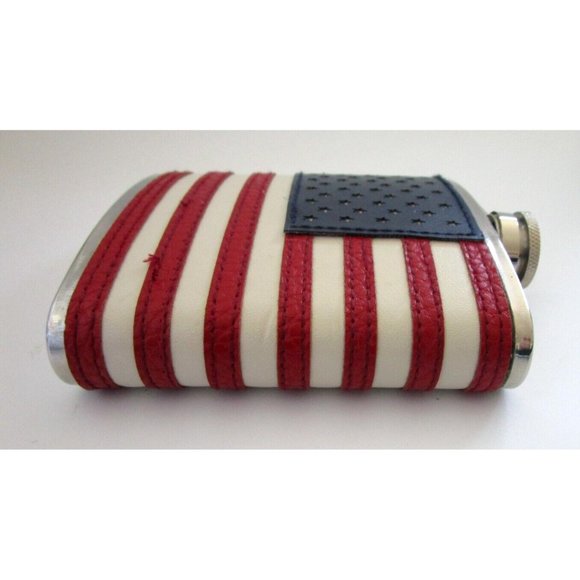 AMERICAN FLAG FLASK USA 6oz Patriotic Stainless Steel Screw Top Stitched Leather - Picture 4 of 14
